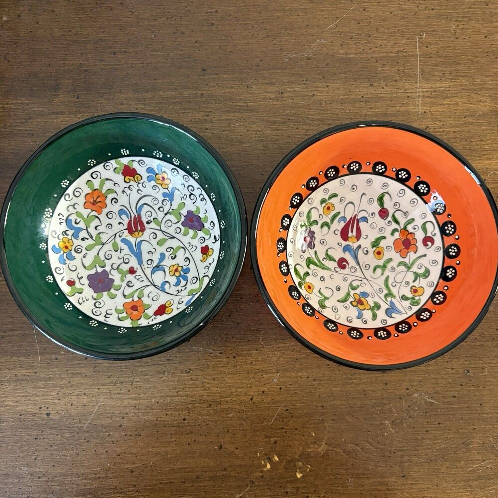 Turkish Hand Painted Bowls 2 Vintage Decorative Handmade Orange Green 6 Inch